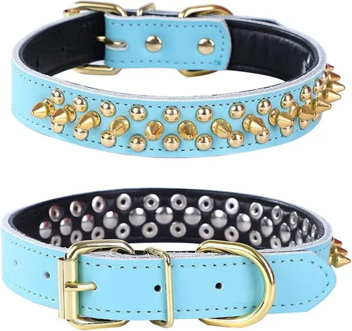 Vista 24 de Collar de perro con tachuelas, collar de perro de cuero genuino, collares ajustables para mascotas pequeñas o medianas (S, negro-1)