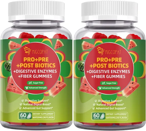Vista 10 de Migcopat Gomitas de probióticos pre post, enzimas digestivas prebióticas prebióticas posbióticas con fibra, 120 mil millones de probióticos UFC