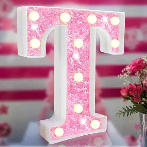 Vista 15 de Letras rosas iluminadas con purpurina, letras del alfabeto rosas, letreros de luces LED en marquesina rosas con batería para iluminación nocturna