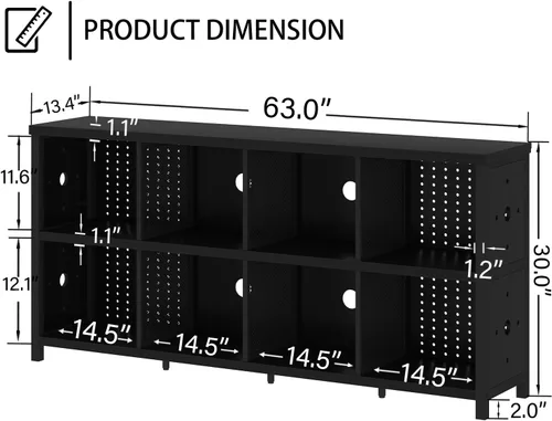Vista 2 de LVB Estantería Horizontal Negra, Organizador de Almacenamiento Moderno en Cubos Estantería, Estante Industrial Ancho Largo de Madera Metal