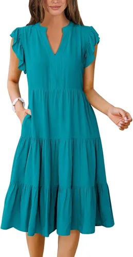Vista 27 de ANRABESS Vestido de verano para mujer, manga con volantes, cuello en V, vestido midi a la moda, casual, holgado, escalonado, bohemio, playa