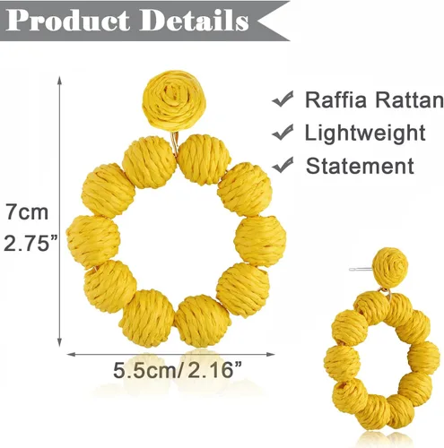 Vista 6 de Pendientes de rafia para mujeres y niñas, aretes de aro de bola de ratán, hechos a mano, bohemia, trenza, pajita de mimbre, envueltos en rafia