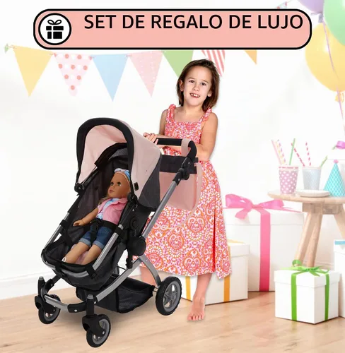 Vista 7 de Dolls To Play Cochecito Convertible de Muñeca Bebé para Niños, Mango Ajustable Carrito Buggy Plegable con Toldo y Cesta de Almacenamiento, Ruedas