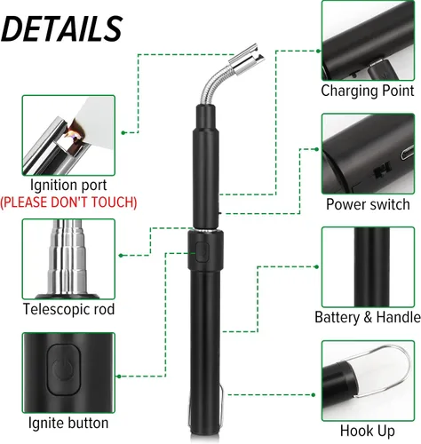 Vista 3 de Encendedor de arco eléctrico – Encendedor de plasma recargable con cuello ajustable de 11.4 a 27.55 pulgadas, resistente al viento y sin llama
