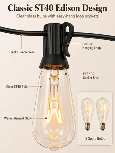 Vista 6 de Abeja Luces de Cadena para Exteriores de 20 Pies con 20 Bombillas Vintage (2 de Repuesto), Luces de Cadena ST40, Resistente al Agua, Certificación