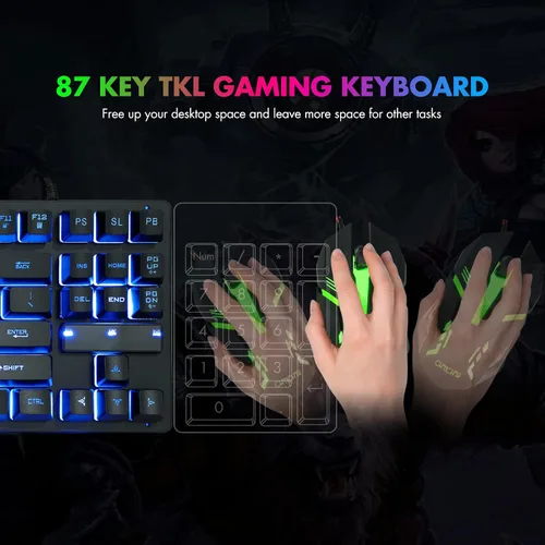 Vista 7 de CHONCHOW - Teclado compacto para juegos con cable USB de 87 teclas, teclado LED de arco iris, retroiluminado sin teclas, teclado TKL, teclado RGB