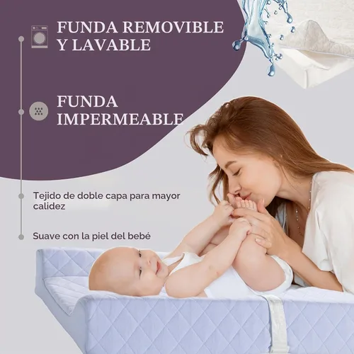 Vista 4 de Cambiador de bebé contorneado de algodón orgánico con colchón de espuma impermeable, incluye funda suave, extraíble y lavable, correa de seguridad