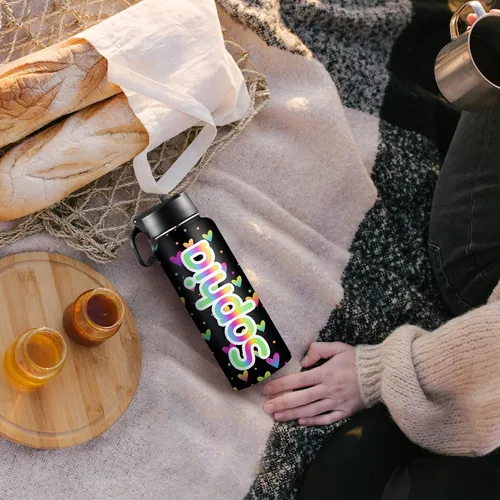 Vista 4 de Botellas de agua personalizadas para niñas, de acero inoxidable con aislamiento de doble pared con pajita, botella de agua de color degradado