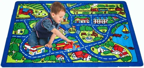 Vista 3 de Mybecca Alfombra infantil para niños, diseño de mapa de calles, color azul, 3 x 5 pies, para sala de juegos y guardería, base de gel antideslizante