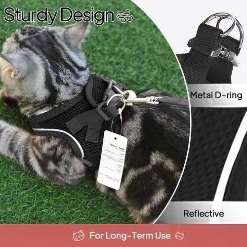 Vista 7 de TwoEar Arnés de gato a prueba de escape, suave chaleco ajustable para perro, de malla transpirable, chaqueta reflectante de fácil control para Negro