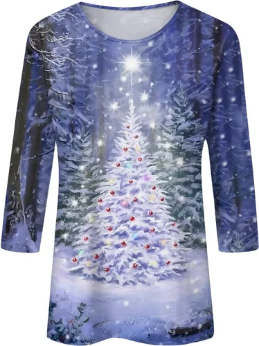 Vista 4 de Camisas de Navidad para mujer, a la moda, casual, cuello redondo, manga 34, holgada, con estampado de Navidad