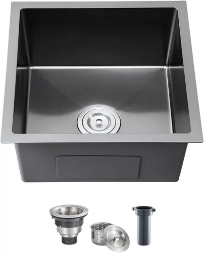 Vista 14 de Fregadero de cocina empotrado de 15 x 15 pulgadas, fregadero de barra de cocina de acero inoxidable T-304 hecho a mano de cuenco único o pequeño