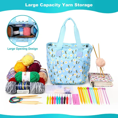 Vista 5 de Bolsa de tejer organizador de almacenamiento de hilo, bolsa de almacenamiento portátil para hilos, organizador de ganchillo de gran capacidad, kit