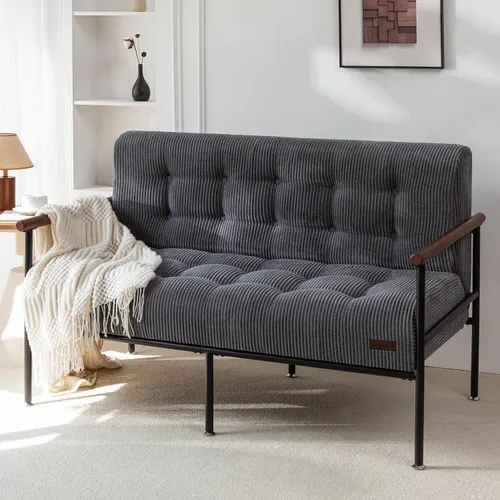 Vista 9 de MAXYOYO Silla decorativa para sala de estar, sofá biplaza con marco de metal resistente y reposabrazos de madera, sofá pequeño tapizado con botones
