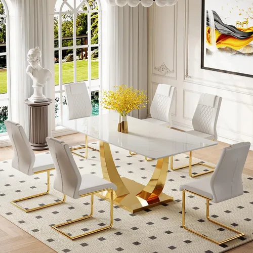 Vista 46 de Juego de mesa de comedor para 4, mesa de comedor de mármol sintético de 63 pulgadas con patas y base de acero inoxidable, sillas acolchadas