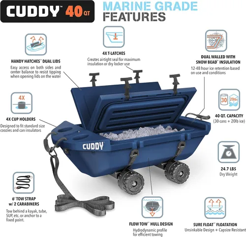 Vista 6 de CUDDY Enfriador Rodante con Ruedas – 40 QT Enfriador Flotante Anfibio y Recipiente de Almacenamiento Seco - Naranja, Azul Marino, Tostado o Blanco