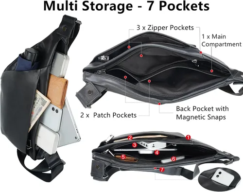 Vista 6 de Masa Kawa Mochila bandolera de cuero para hombres y mujeres de 7.9 pulgadas, bolsa de pecho ultra fina para ciclismo, senderismo, viajes, mochila