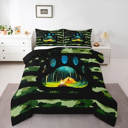 Vista 58 de Erosebridal American Flag Twin Comforter Set Army Green Camo Bedding Set for Kids Boys Girls Bear Claw Hunting Theme Bed Set Camoflage Camping