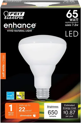 Vista 2 de Feit Electric Bombilla LED BR30, equivalente a 65 W, regulable, 650 lúmenes, base estándar E26, blanco suave de 2700 K, 90 CRI, bombillas Blanco