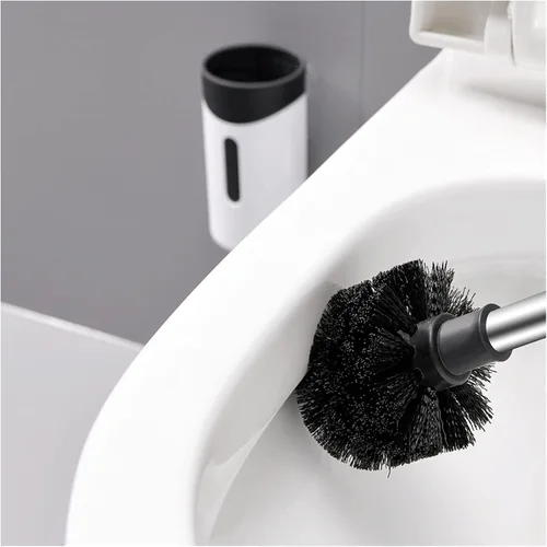 Vista 3 de Escobilla de inodoro de acero inoxidable para el hogar, cepillo de silicona de mango largo, cepillo de limpieza de baño con soporte (blanco gris)