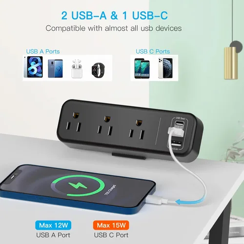 Vista 4 de Regleta de alimentación con abrazadera de escritorio de 3 salidas con USB C, enchufe plano negro abrazadera de borde de escritorio, enchufe