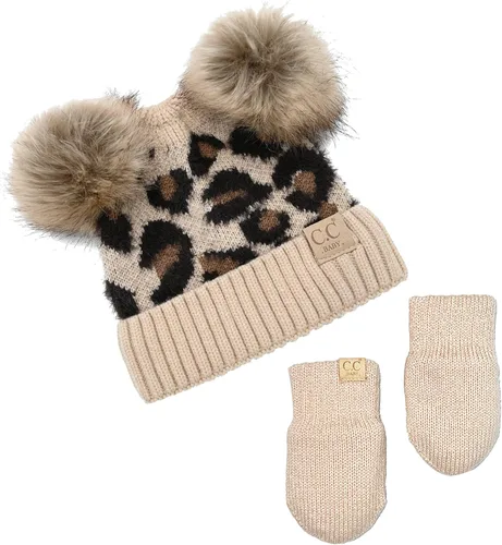 Vista 3 de Funky Junque Conjunto de gorro y mitones con doble pompón de pelo sintético para bebé – Gorro de invierno para recién nacidos de 0–9 meses