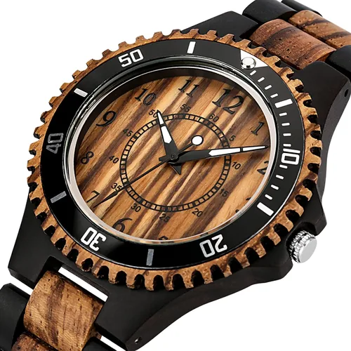 Vista 2 de Reloj de cuarzo de madera con cebra de ébano marrón y negro para hombre, cierre plegable, correa de madera, números arábigos, visualización