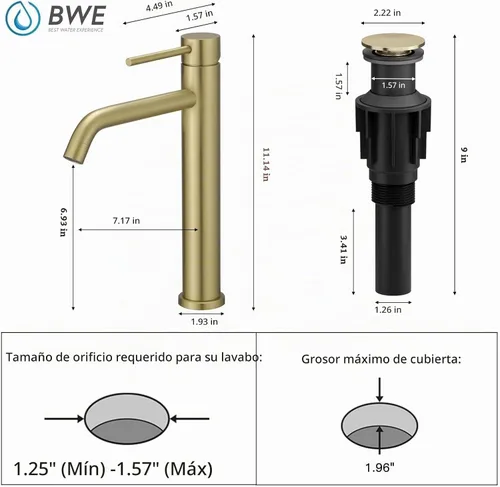 Vista 8 de BWE Grifo de fregadero de oro cepillado, acero inoxidable resistente al