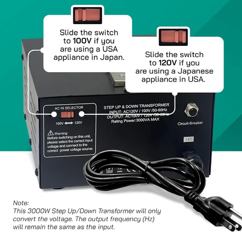 Vista 4 de Convertidor Transformador de Voltaje de 3000 Vatios para Japón Elevador/Reductor - 100v a 120v / 120v a 100v Convertidor de Energía Japonés - Cable