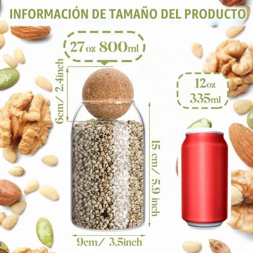 Vista 4 de Juego de 2 tarros de vidrio de 800 ml/27 oz con tapa de corcho y bola, contenedores de almacenamiento de alimentos