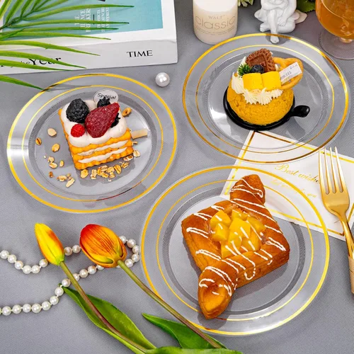 Vista 7 de I00000 60pcs 7" platos de postre de plástico de oro transparente, platos de Platos de plástico transparente con borde dorado, platos desechables