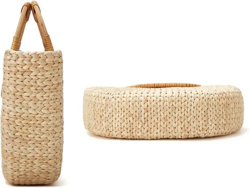 Vista 4 de Bolso de mano para mujer y niña, bolso de mano de paja tejido de moda, bolso de hombro, bolso de playa, bolso de luna, bolso de cubo de verano 2023