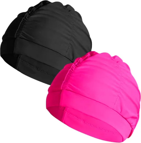Vista 5 de 2 gorras de natación de tela para mujer, tela duradera, no impermeable, elástica, gorra de baño para cabello largo