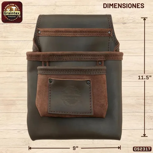 Vista 3 de Graintex OS2317 - Bolsa de 3 bolsillos para uñas y herramientas, cuero curtido con aceite de grano superior para enmarcadores, constructores