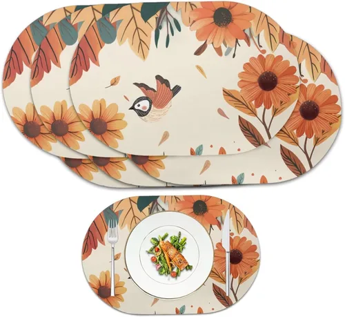 Vista 29 de Blue Flower Dining Table Mats Set of 2 Hummingbird Heat Resistant Placemats Washable and Wipeable Non Slip Place Mat, Waterproof Modern Dining Table