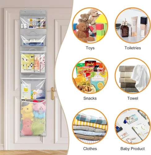 Vista 8 de Woodoulogy Almacenamiento de juguetes colgantes sobre la puerta, organizador de animales de peluche en bloques con 4 bolsas de estuche extraíbles