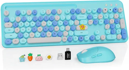Vista 13 de Combo de teclado y mouse inalámbricos, teclado retro con teclas redondas, teclado estilo máquina de escribir de tamaño completo con reposamuñecas