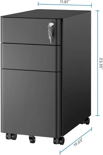 Vista 3 de Mount-It! Archivador delgado de 3 cajones con cerradura, archivador móvil de metal sobre ruedas para almacenamiento debajo del escritorio, hogar