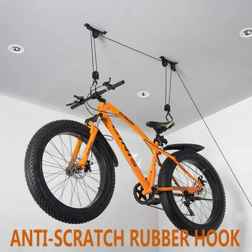 Vista 4 de Wallmaster Soporte de techo para bicicletas, elevador de bicicletas montado en el techo, sistema de polea para bicicletas para garaje, ganchos