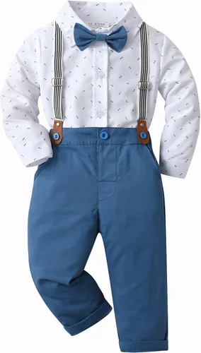 Vista 20 de Conjunto de pantalones para bebé, camisa de manga larga + pantalones + corbatín + tirantes, trajes de caballero para niños pequeños