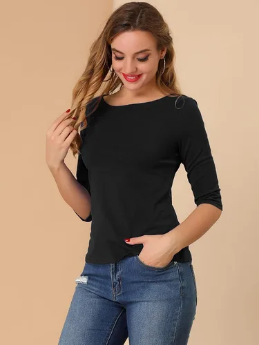 Vista 2 de Allegra K Camiseta ajustada con mangas de codo y cuello redondo para mujer