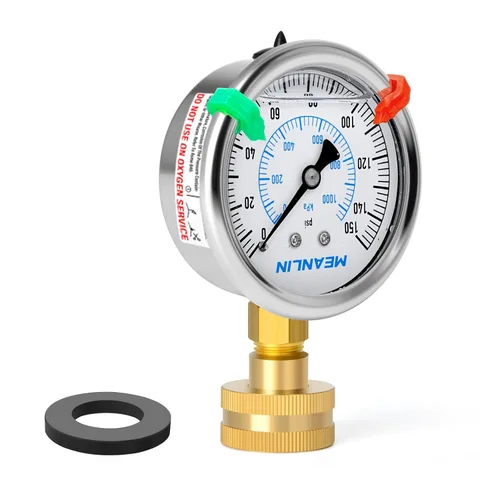 Vista 8 de MEANLIN MEASURE Manómetro de presión de 0~200 Psi con marco de acero inoxidable, rosca hembra de 3/4", relleno de líquido, kit con 5 adaptadores