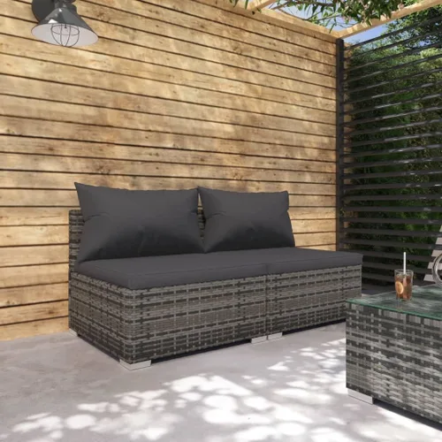 Vista 90 de Sofá de 3 plazas con cojines de ratán de poliéster marrón, juego de muebles de patio al aire libre con 3 sofás centrales para patio trasero, jardín