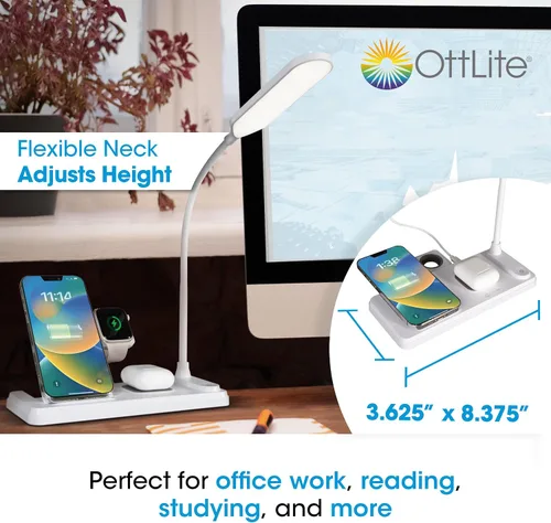 Vista 7 de OttLite Lámpara LED de escritorio con estación de carga multidispositivo, blanco