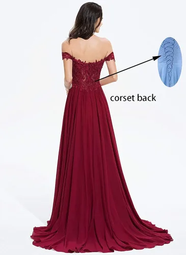 Vista 2 de Off Shoulder Lace Prom Dresses with Slit Long Appliqued Chiffon Formal Party Gowns for Women