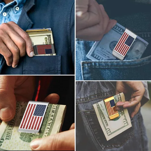 Vista 2 de ChainsProMax Puede grabar clip de dinero para hombre, patrón de bandera de Estados Unidosbéisbol, patrón de caja, acero inoxidablechapado en oro