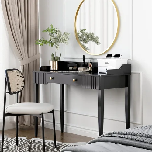 Vista 6 de Escritorio de maquillaje de madera negra que ahorra espacio, mesa moderna para computadora con cajones y asas doradas