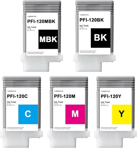Vista 2 de PFI120 Depósito de tinta de 4.4 fl oz (paquete de 5, negro mate, cian, magenta, amarillo, negro) Lometic compatible con PFI120MBK PFI120BK PFI120C
