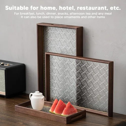 Vista 7 de Walnut Wood Serving Tray, Rectangle Vintage Glass Bottom with Handles, Elegant Kitchen Snack Plate - Multi Purpose, Durable Wood Siding, Ideal for