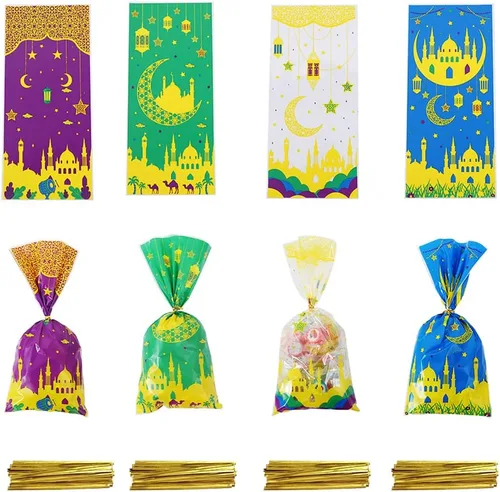 Vista 7 de Threetols 100 bolsas de celofán Eid Mubarak, bolsas de celofán de Ramadán Kareem, bolsas de regalo de celofán Eid Moon Star transparentes